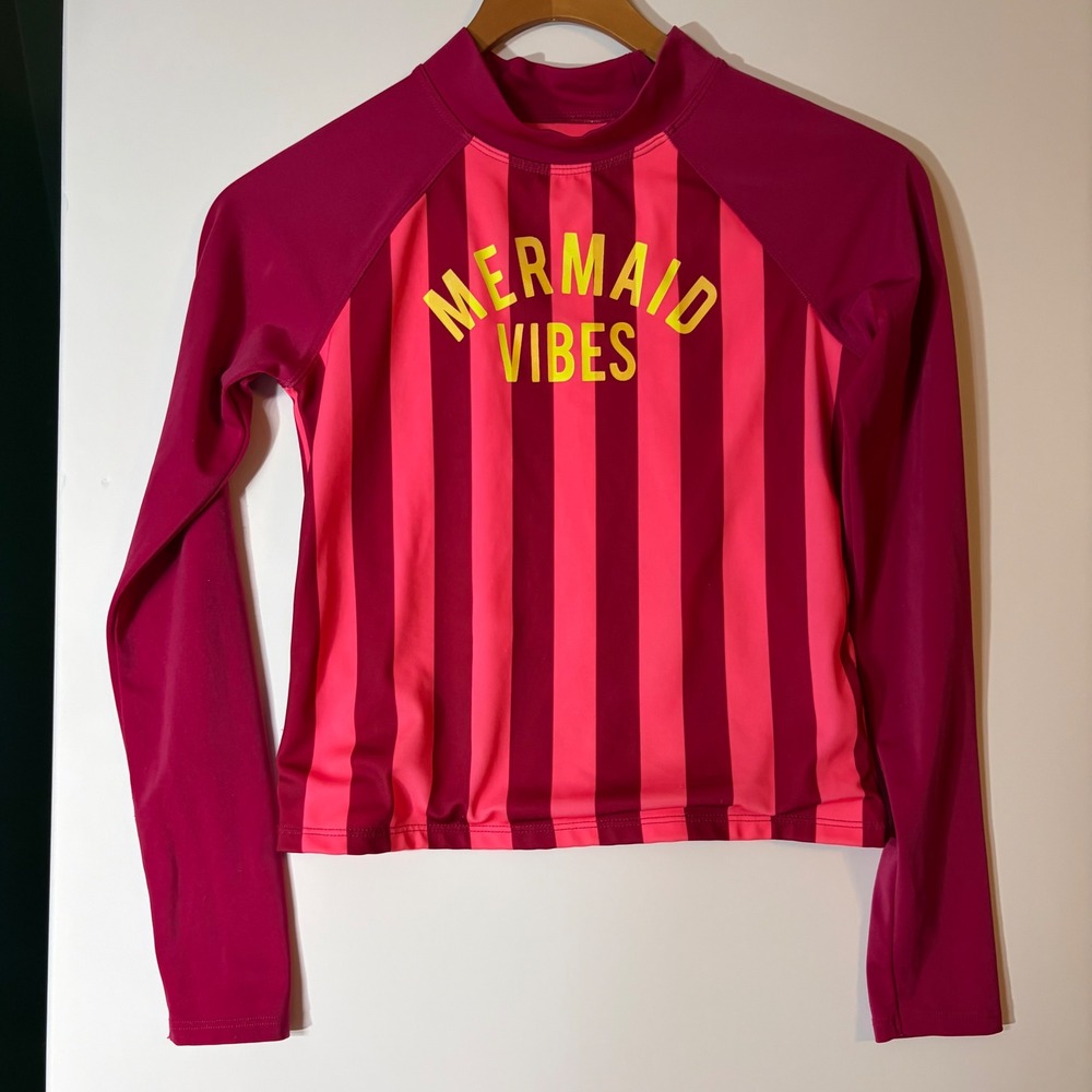 Arizona Jean Co Girls Pink Striped Mermaid Vibes Long Sleeve Rash Guard M 10/12